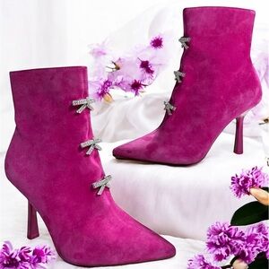 Gianni Bini Womens Booties Sz 6 M Dalton Suede Rhinestone Bow Pink Pointed Toe